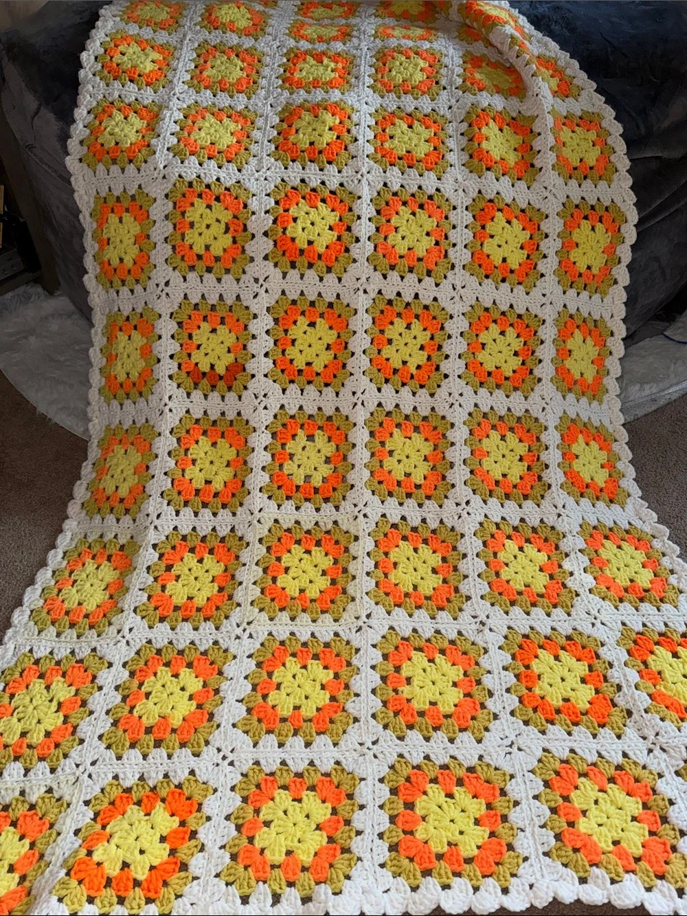 Hand Crafted Yellow Orange Cream Crochet Granny Square Throw Blanket